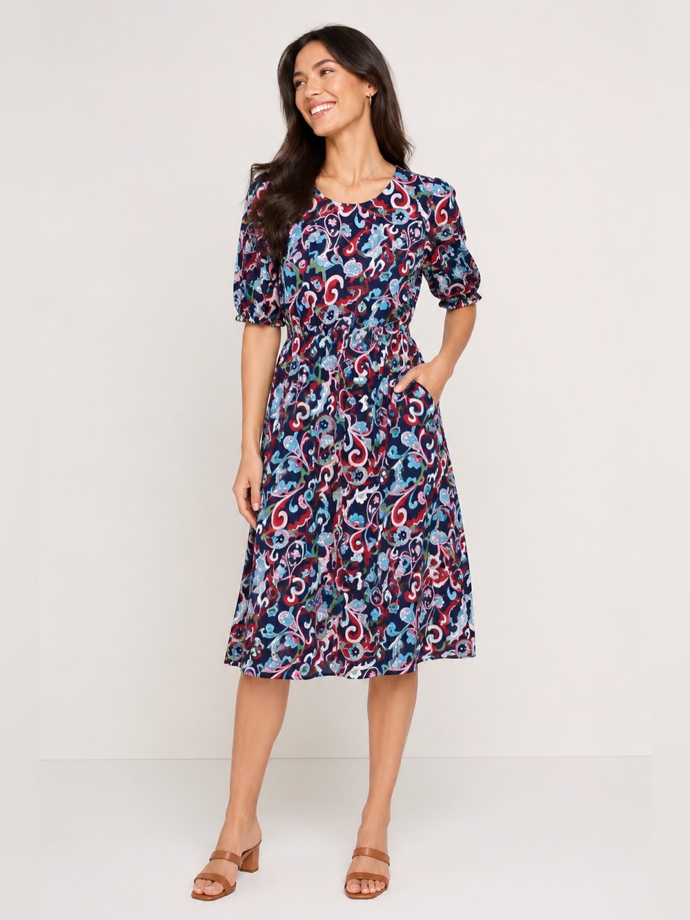 Women's Navy Multi Paisley Midi Dress